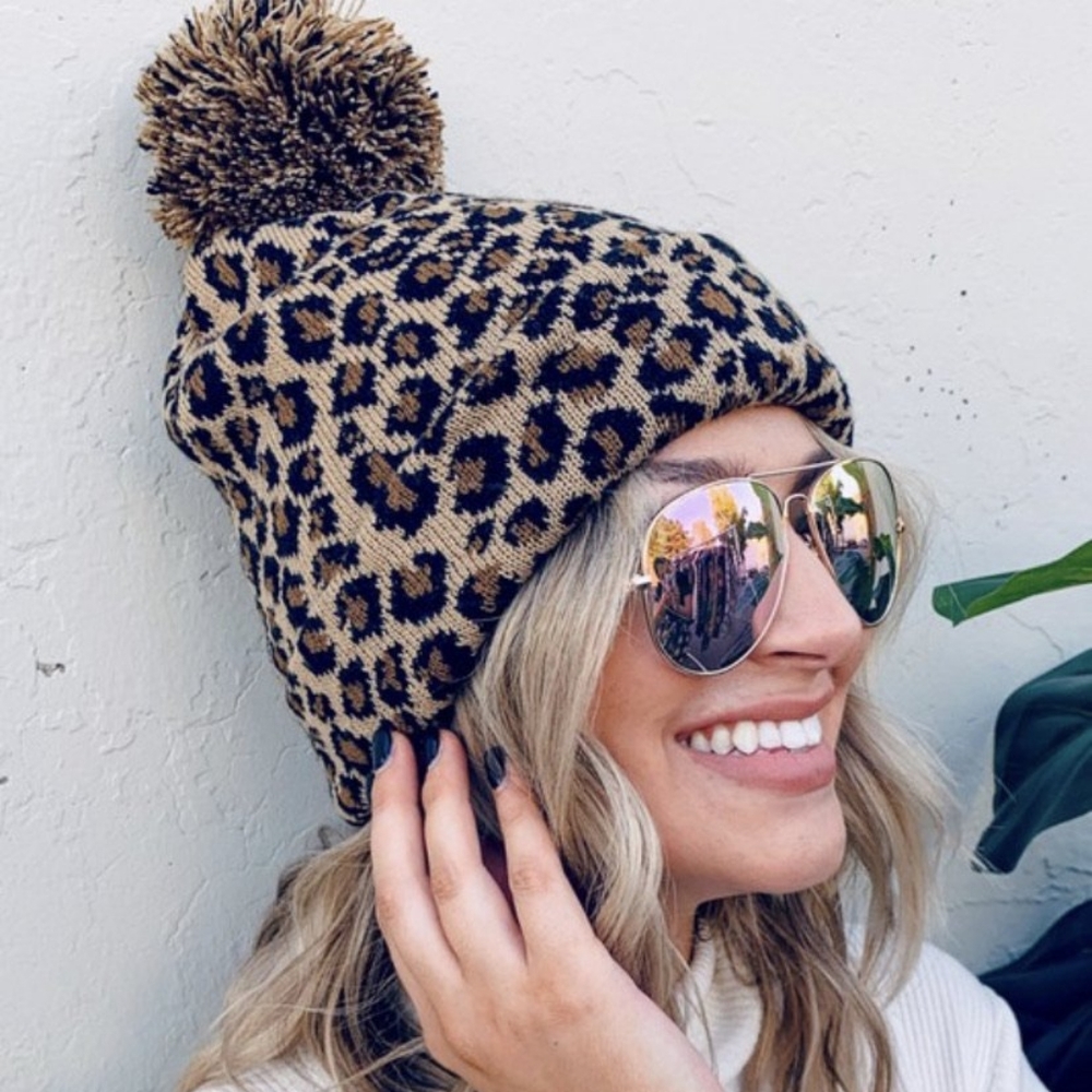 Pom Pom Leopard Beanie